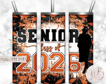 Orange Girl Graduation Senior 2026 20oz Skinny Tumbler Wrap Sublimation Design • Graduate Gift Graduation Cap Glitter • DIY Print and Press
