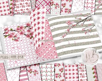 Cherry Blossom Scrapbook Paper Download • Pink and Silver Glitter Beautiful Floral Blossoms Design • Printable Paper Crafts 20 12x12 JPG PDF