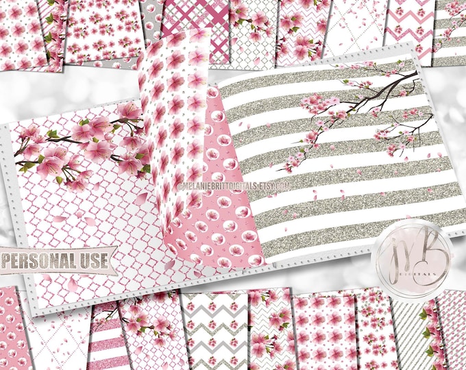 Cherry Blossom Scrapbook Paper Download • Pink and Silver Glitter Beautiful Floral Blossoms • Scrapbooking Printable