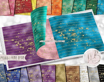 Colorful Striped Scrapbook Paper Download • Gold Sparkling Glitter and Shimmering Foil Design • DIY Printable Paper Crafts 20 12x12 JPG PDF