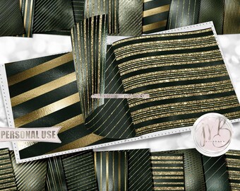 Hunter Green and Gold Stripes Scrapbook Paper Download • Sparkling Glitter and Shimmering Foil • Printable Paper Crafts 20 12x12 JPG & PDF
