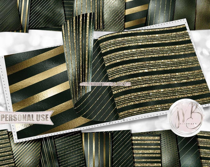 Hunter Green and Gold Stripes Scrapbook Paper Download • Sparkling Glitter and Shimmering Foil • Printable Paper Crafts 20 12x12 JPG & PDF