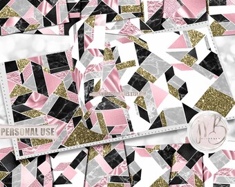 Pink Modern Scrapbook Paper Download • Geometric Tiled Design Marble Silk Glitter Foil • Printable Paper Crafts 12 12x12 JPG & PDF
