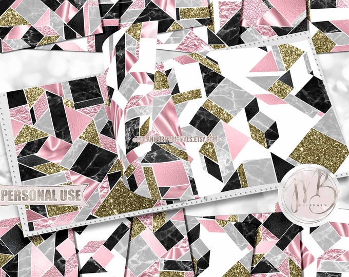 Pink Modern Scrapbook Paper Download • Geometric Tiled Design Marble Silk Glitter Foil • Printable Paper Crafts 12 12x12 JPG & PDF
