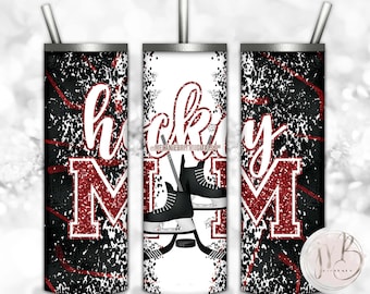 Hockey Mom 20oz Skinny Tumbler Wrap Sublimation Design Download • Maroon Glitter Hockey Skates Sports Mom • Sublimation Crafts