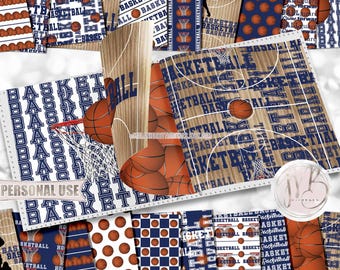 Navy Blue Basketball Scrapbook Paper Download • Basketball Court Hoops Boy and Girl School Sports • DIY Scrapbooking Printable