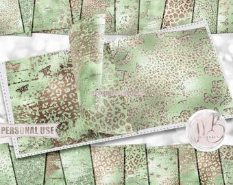 Pastel Green Cute Leopard Butterflies Scrapbook Paper Download • Distressed Glitter and Foil • DIY Printable Paper Crafts 20 12x12 JPG & PDF