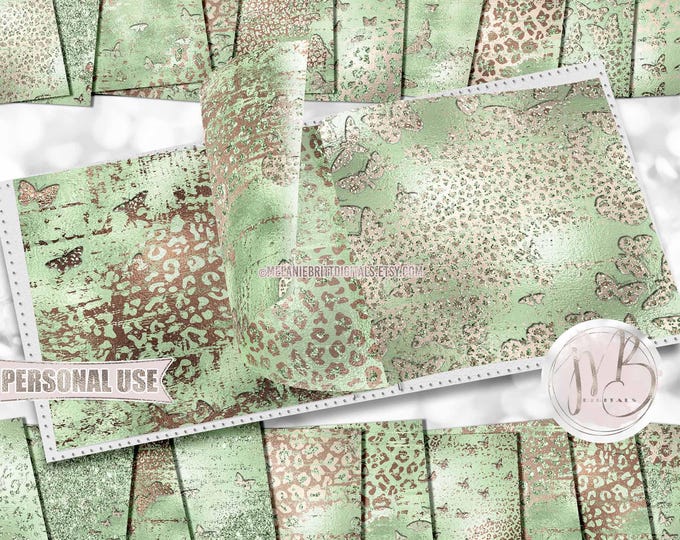 Pastel Green Cute Leopard Butterflies Scrapbook Paper Download • Distressed Glitter and Foil • DIY Printable Paper Crafts 20 12x12 JPG & PDF
