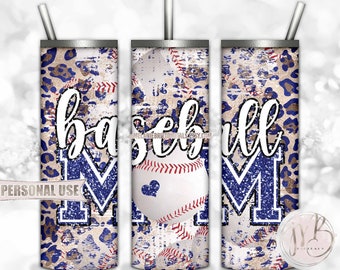 Blue Baseball Mom 20oz Skinny Tumbler Wrap Sublimation Design Download • Distressed Baseball and Leopard Design • Sublimation Crafts
