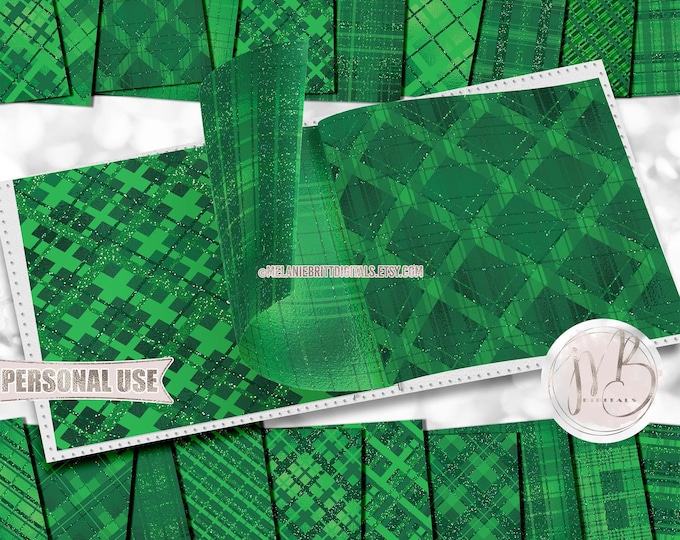 St Patrick's Day Plaid Scrapbook Paper Download • Green and Lime Glitter Shimmering Foil • Printable Paper Crafts 20 12x12 JPG & PDF