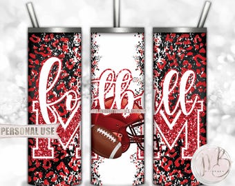 Red Football Mom 20oz Skinny Tumbler Wrap Sublimation Design • Football Helmet Leopard Print Sports Mom Gift • DIY Print and Press