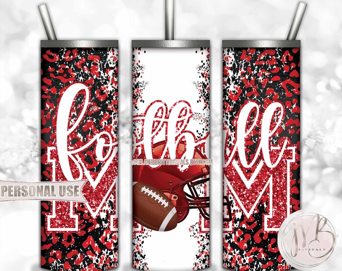 Red Football Mom 20oz Skinny Tumbler Wrap Sublimation Download • Football Helmet Leopard Print Sports Mom Gift • DIY Print and Press