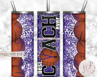 Old Purple Basketball Coach 20oz Skinny Tumbler Wrap Sublimation Download • Lanyard Whistle "Best Coach Ever" Gift • DIY Print and Press