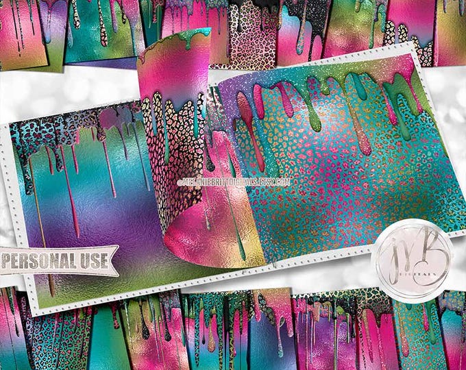 Rainbow Leopard Drips Scrapbook Paper Download • Dripping Paint Glitter Sparkles and Foil Shimmer • Scrapbooking Printable