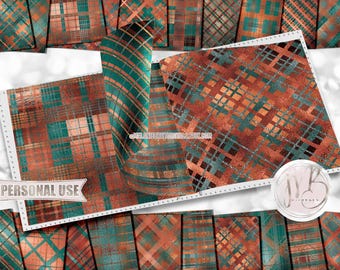 Copper Patina Plaid Scrapbook Paper Download • Sparkling Glitter and Shimmering Foil Design • DIY Printable Paper Crafts 20 12x12 JPG & PDF