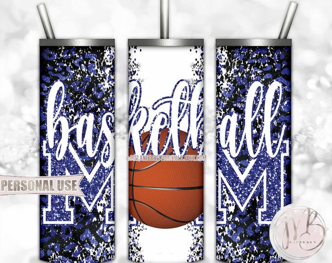 Blue Basketball Mom 20oz Skinny Tumbler Wrap Sublimation Download • Leopard Print Glitter Varsity Letters Mom Gift • DIY Print & Press