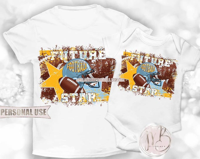 Future Football Star Baby T-Shirt Sublimation Design Download • Football Helmet Distressed Light Blue and Athletic Gold • DIY Print & Press