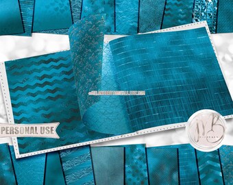 Dark Turquoise Luxe Scrapbook Paper Download • Unique Shimmering Metallic Foil Design • DIY Printable Paper Crafts 20 12x12 JPG & PDF