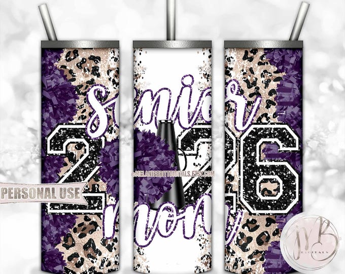 Purple Cheer Senior 2026 Mom 20oz Skinny Sublimation Tumbler Wrap Design • Pom Pom Megaphone Classic Leopard Print • DIY Print and Press