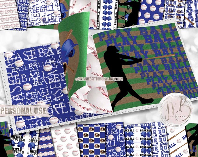 Blue Baseball Scrapbook Paper Download • Baseball Helmets Bat Mitt Field School Sports • DIY Scrapbooking Printable