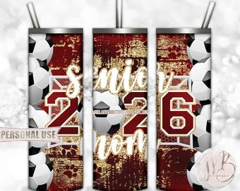 Soccer Senior Mom 2026 20oz Skinny Tumbler Wrap Sublimation Design Download • Maroon & Gold Glitter Paw Prints • DIY Print and Press