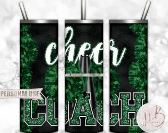 Green Cheer Coach 20oz Skinny Tumbler Wrap Sublimation Design Download • Pom Poms Megaphone Lanyard Whistle Coach Gift • DIY Print and Press