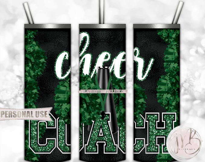 Green Cheer Coach 20oz Skinny Tumbler Wrap Sublimation Design Download • Pom Poms Megaphone Lanyard Whistle Coach Gift • DIY Print and Press
