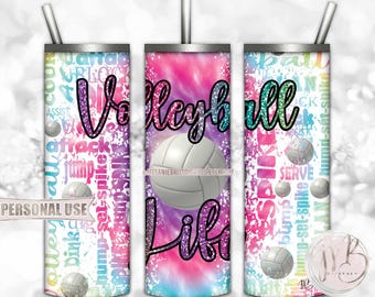 Glitter Volleyball Life 20oz Skinny Tumbler Wrap Sublimation Download • Rainbow Tie Dye Typography • DIY Print and Press