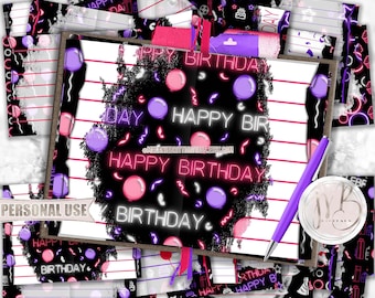 Neon Birthday Junk Journal Pages Download • Fluorescent Pink and Purple Birthday Memorabilia • DIY Printable Journal 20 11x8.5 JPG & PDF