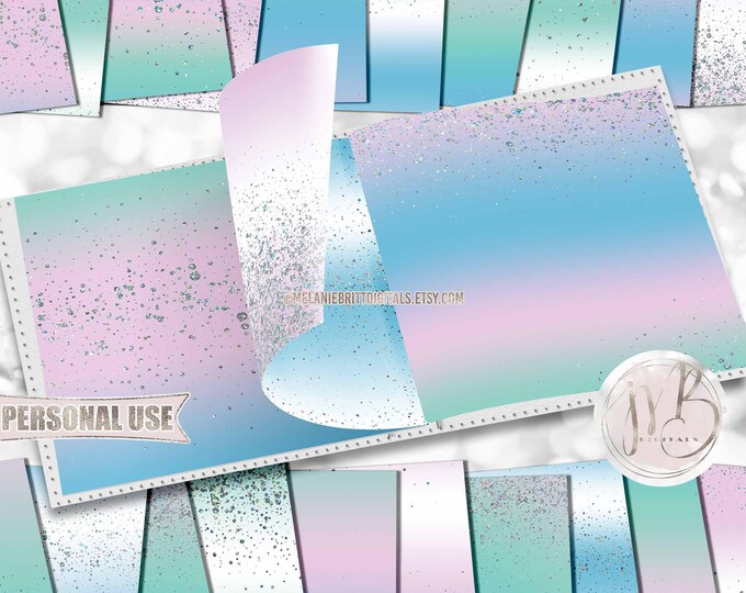 Holographic Glitter Dust Scrapbook Paper Download • Ombre Pastels Blue Green Pink Holo Glitter • Printable Paper Crafts 20 12x12 JPG & PDF