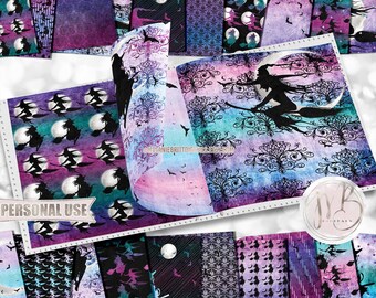 Rainbow Happy Halloween Witches Scrapbook Paper Download • Good Witch Wicked Witch Grunge Design • Printable Paper Crafts 20 12x12 JPG & PDF