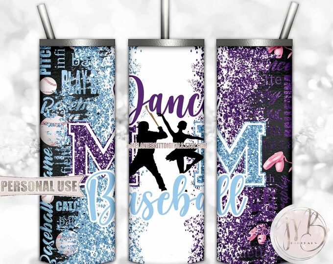 Mom of Both Baseball and Dance 20oz Skinny Tumbler Wrap Sublimation Design Download • Purple and Light Blue Glitter • DIY Print and Press