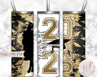 Gold Class Of 2026 Girl Graduation 20oz Skinny Tumbler Wrap Sublimation Download • Graduation Cap Glitter Grad Gift • DIY Print and Press