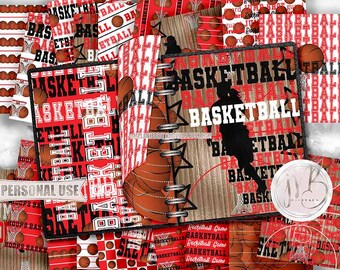 Girl Basketball Scrapbook Paper Download • Red School Colors Realistic Basketball Court Hoops • Scrapbooking Printable