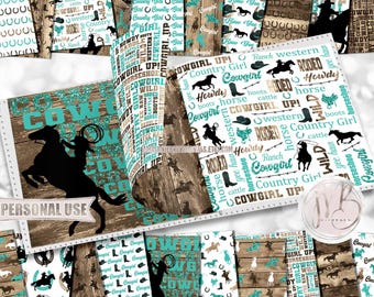 Turquoise Cowgirl Scrapbook Paper Download • Country Western Rodeo Ranch Horse Hat Boot Wood • Scrapbooking Printable