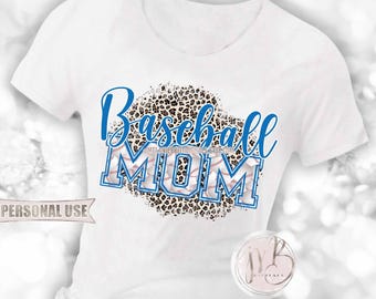 Baby Blue Baseball Mom T-Shirt Sublimation Design Download • Classic Leopard Print Baseball Varsity Letters Mom Gift • DIY Print and Press