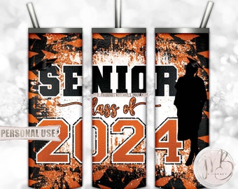 Orange Graduation Senior 2024 20oz Skinny Tumbler Wrap Sublimation PNG Download • Girl Graduate Graduation Cap Glitter • Seamless Design