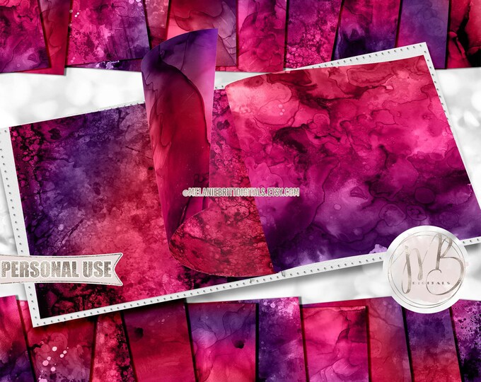 Magenta Purple Alcohol Ink Scrapbook Paper Download • Painted Abstract Fluid Art Inked Design • Printable Paper Crafts 20 12x12 JPG & PDF