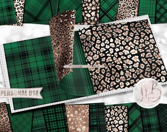 Leopard and Green Plaid Scrapbook Paper Download • Dark Green Plaid & Classic Leopard Print Design • Printable Paper Crafts 20 12x12 JPG PDF