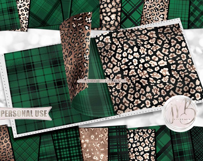 Leopard and Green Plaid Scrapbook Paper Download • Dark Green Plaid & Classic Leopard • Scrapbooking Printable