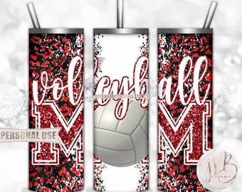 Red Volleyball Mom 20oz Skinny Tumbler Wrap Sublimation Design Download • Leopard Print Glitter Letters Sports Mom Gift • DIY Print & Press