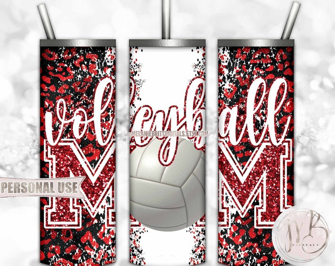 Red Volleyball Mom 20oz Skinny Tumbler Wrap Sublimation Design Download • Leopard Print Glitter Letters Sports Mom Gift • DIY Print & Press