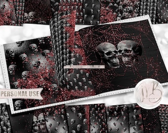 Glam Halloween Skulls Scrapbook Paper Download • Black and Red Gothic Sparkling Glitter • Printable Paper Crafts 20 12x12 JPG & PDF