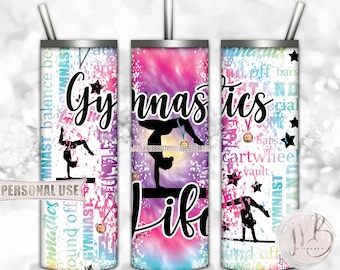 Gymnastics Life 20oz Skinny Tumbler Wrap Sublimation Download • Rainbow Tie Dye Gymnast Medals Typography • DIY Print and Press
