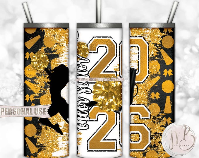 Athletic Gold Cheer Senior 2026 20oz Skinny Tumbler Wrap Sublimation Design • Pom Poms Glitter Senior Cheerleader Gift • DIY Print and Press