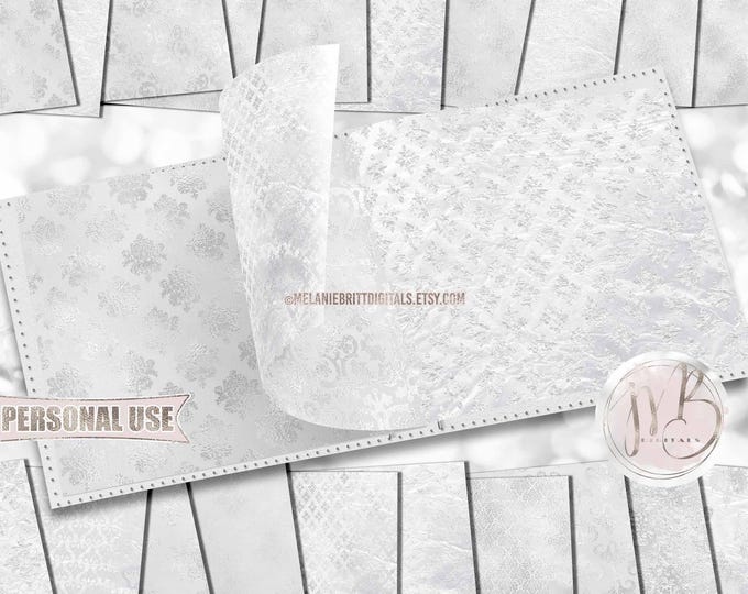 White Formal Damask Scrapbook Paper Download • Elegant Victorian Damask Shimmering Foil Design • Printable Paper Crafts 20 12x12 JPG & PDF