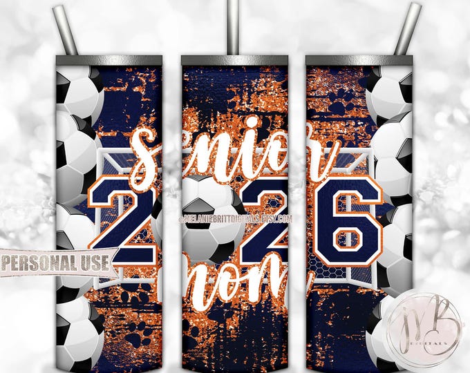 Soccer Senior Mom 2026 20oz Skinny Tumbler Wrap Sublimation Design Download • Navy and Orange Glitter Paw Print Mom Gift • DIY Print & Press