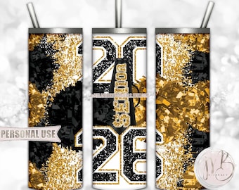 Athletic Gold Cheer 2026 Senior 20oz Tumbler Wrap Sublimation Design • Poms Megaphone Glitter Senior Cheerleader Gift • DIY Print & Press