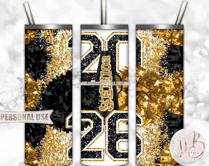 Athletic Gold Cheer 2026 Senior 20oz Tumbler Wrap Sublimation Design • Poms Megaphone Glitter Senior Cheerleader Gift • DIY Print & Press