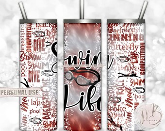 Swim Life 20oz Skinny Tumbler Wrap Sublimation Design Download • Maroon and Silver Tie Dye Swim Team Swimmer Gift • DIY Print & Press